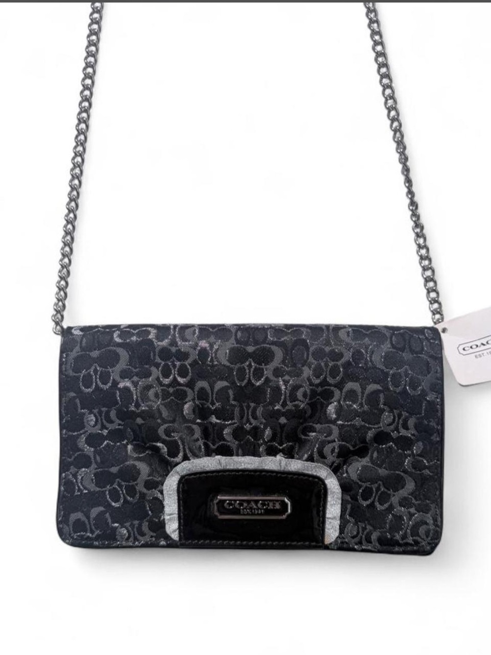 Coach F44144 Signature Jacquard Evening Wallet Crossbody Black Silver NWT